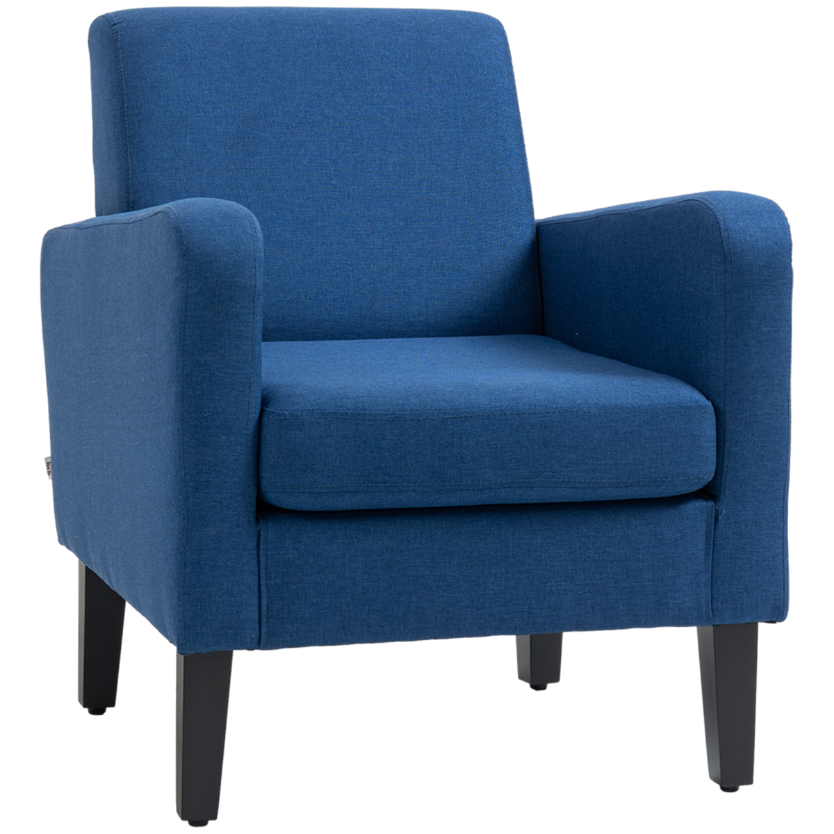 Blue HOMCOM compact armchair with rubber wood legs in linen-feel fabric for small bedrooms.