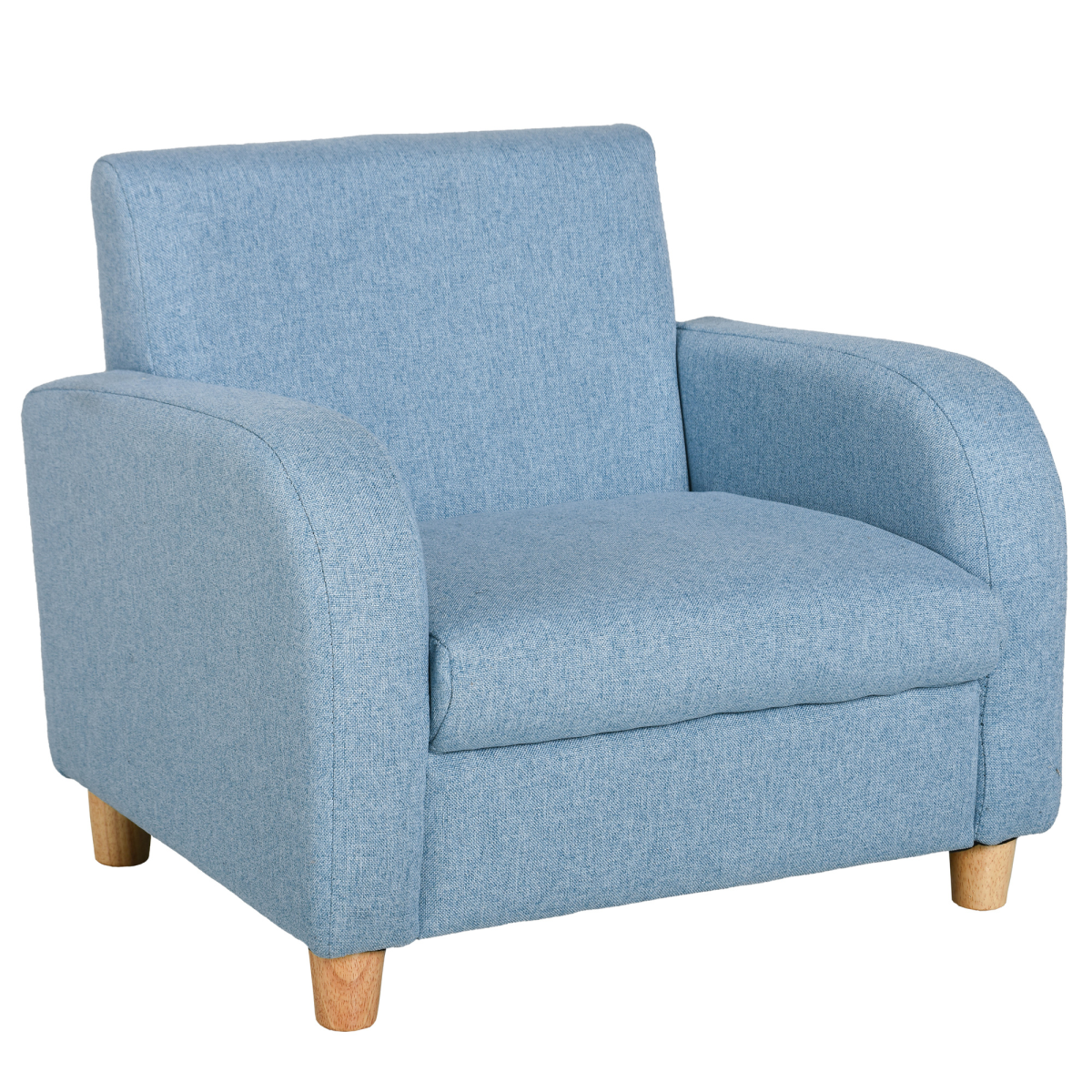 Blue cushioned kids armchair with wood frame and short natural legs, sized 49L x 45W x 44.5H cm, for ages 3-6.