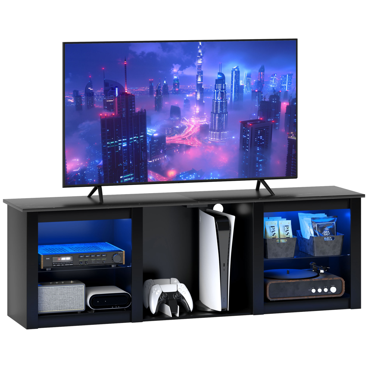 HOMCOM 160cm black TV unit with marble finish and LED lighting for up to 65-inch TVs, shown with electronics.