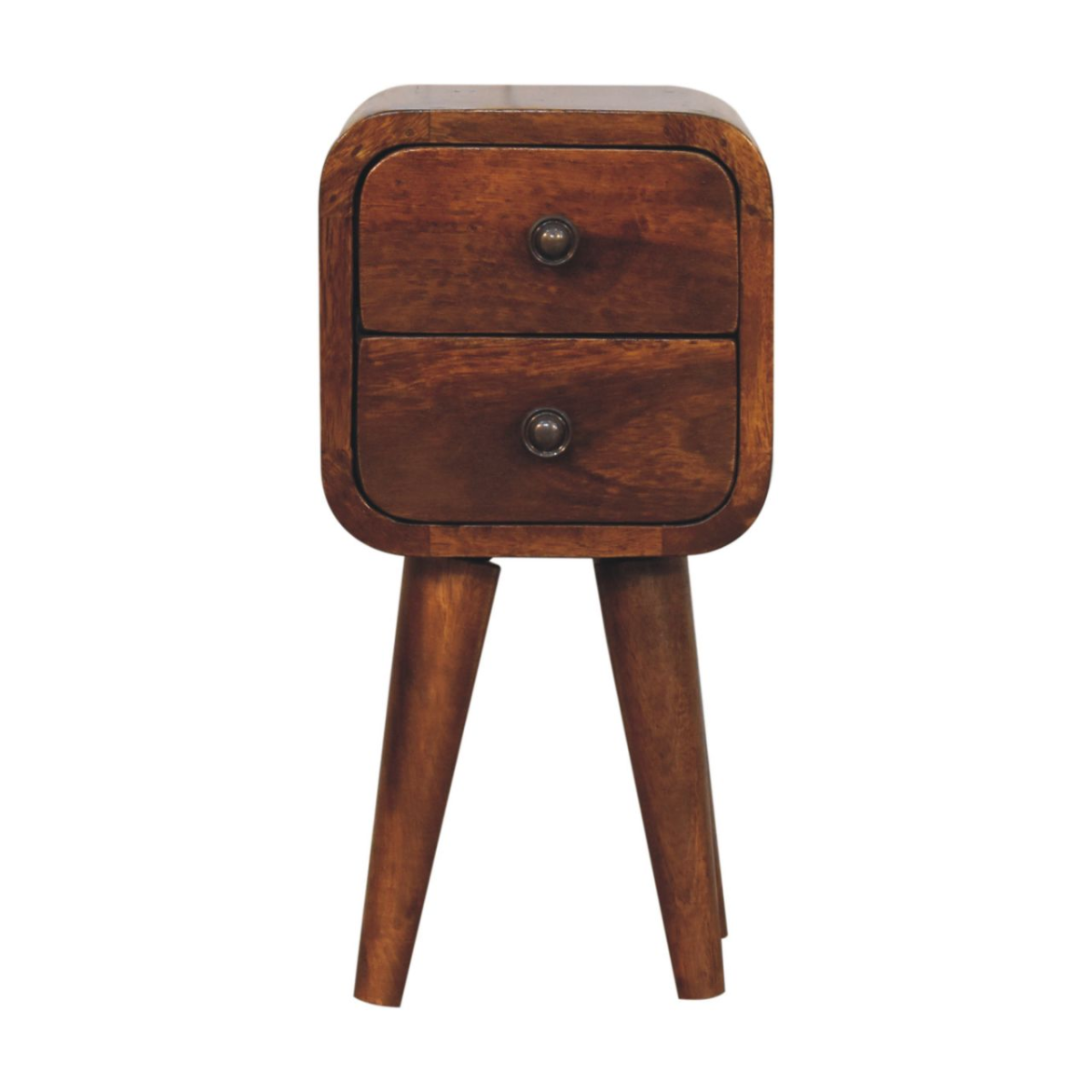 Artisan Bedside Table Mini Curved Mango Wood One Drawer Chestnut Finish For Small Bedrooms