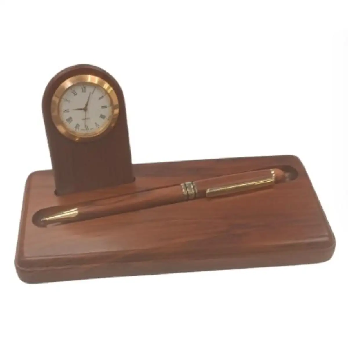 IMPERIAL Imperial Miniature Desk Clock with Wood Matt Brown Gold Trim Ball Pen IMP302 Clock Gift Set - CLEARANCE NEEDS RE-BATTERY & Refill - Clock
