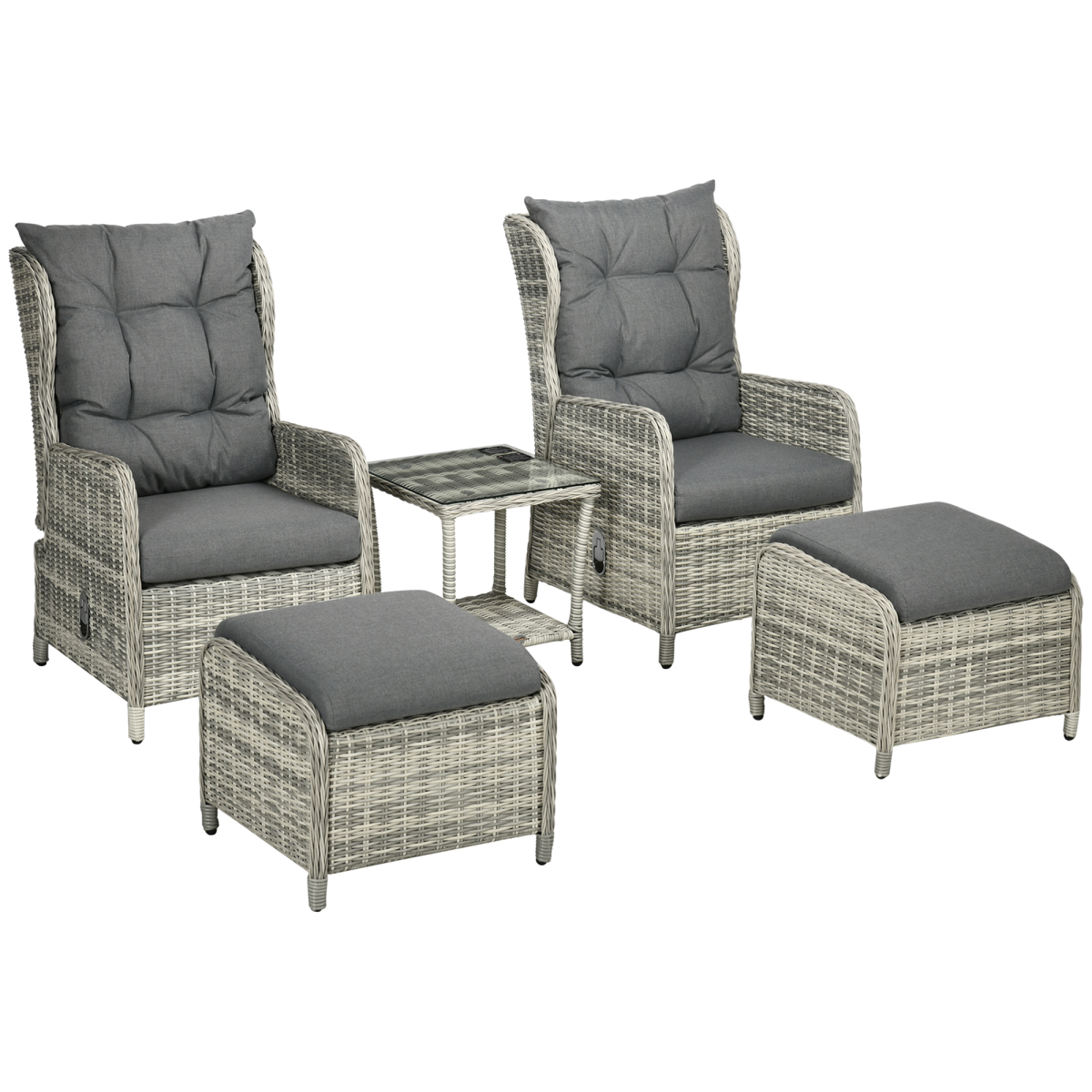 Outsunny Recliner Rattan Sun Lounger Set 5-Piece Cushions And Two-Tier Table Mixed Grey Outdoor Patio - Outsunny - Home Symphony