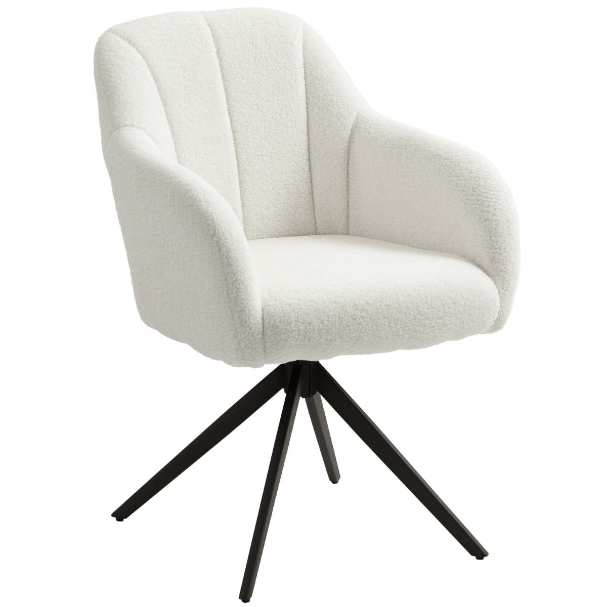 White teddy fleece swivel chair, 13 cm thick seat, 360° swivel, on a four-star metal base.