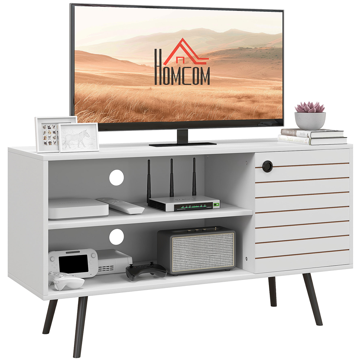 HOMCOM 50in TV unit with cable management, white cabinet, two shelves, side cupboard, flat-screen TV on top.