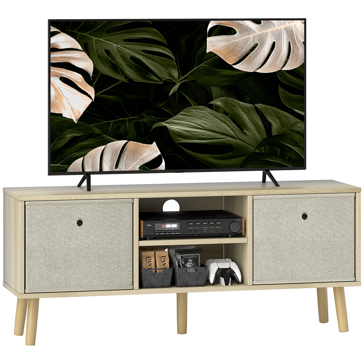 HOMCOM light-wood TV cabinet with two fabric drawers and open shelves, TV mounted on top.