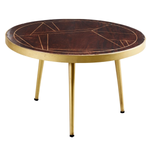 Dark Gold Round Coffee Table With Geometric Inlay In Solid Wood And Metal Legs For Modern Living Rooms by Indian Hub
