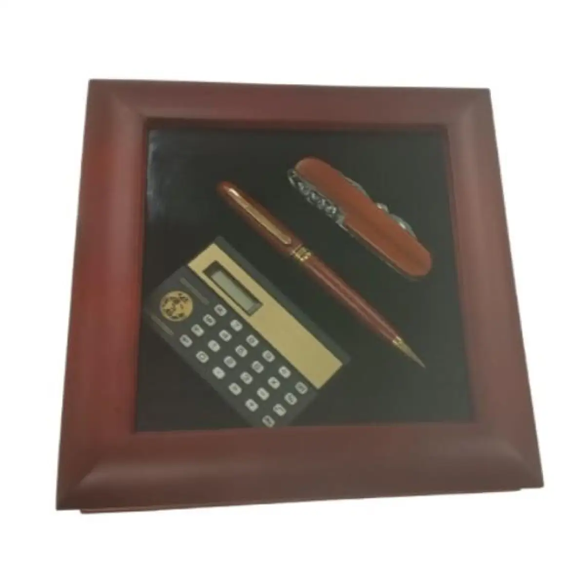 IMPERIAL Imperial Mini Calculator & Pocket Knife Set with Wood Matt Brown Gold Trim Ball Pen IMP366 Clock Gift Set - CLEARANCE NEEDS RE-BATTERY & Refill - Clock