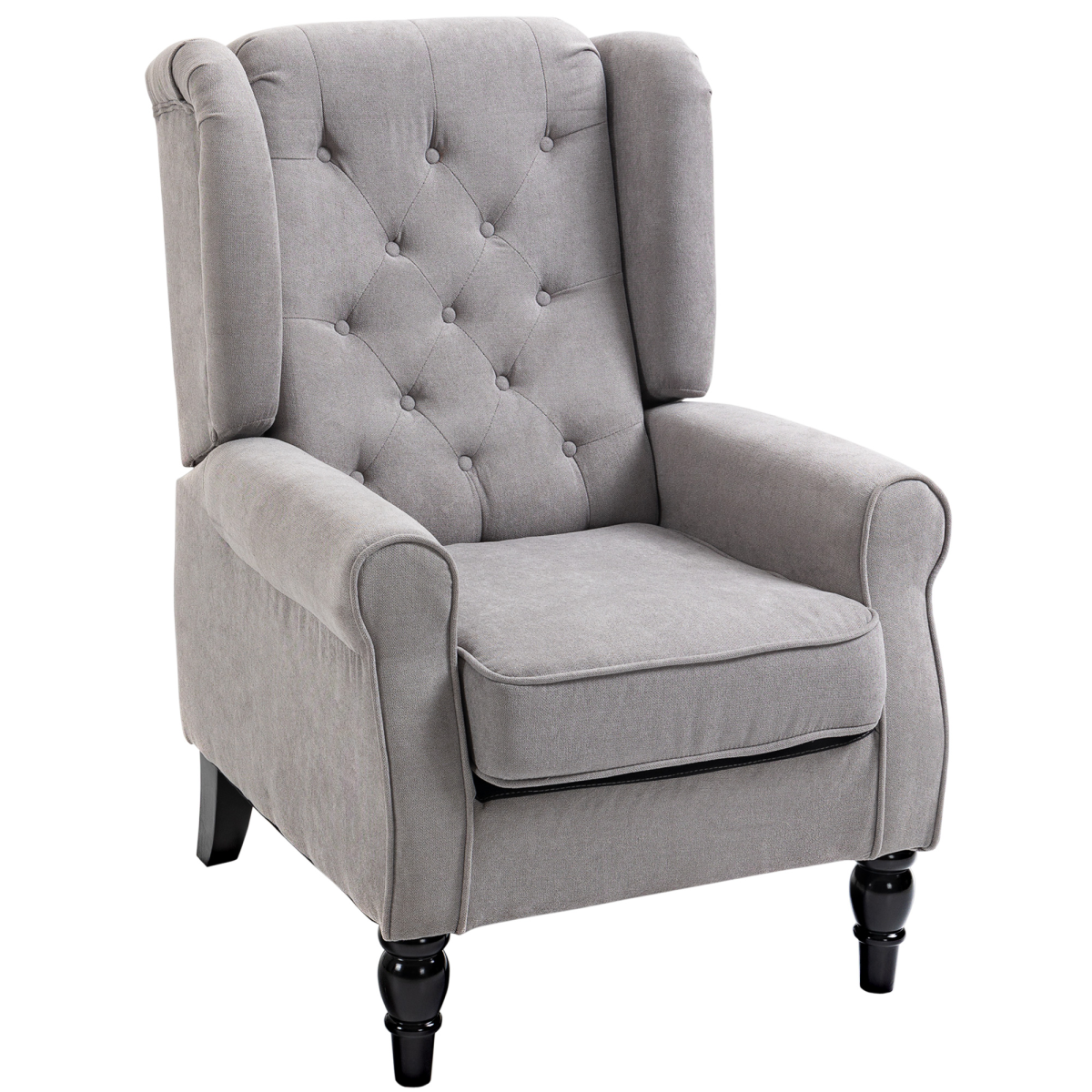 Retro wingback accent chair with tufted back in gray fabric and medium wood frame for living room.
