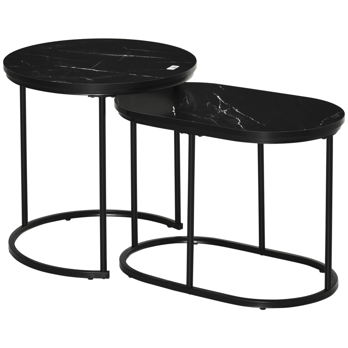 HOMCOM Two Piece Marble Top Side Tables Round And Oval Black Steel Frames Living Room Set