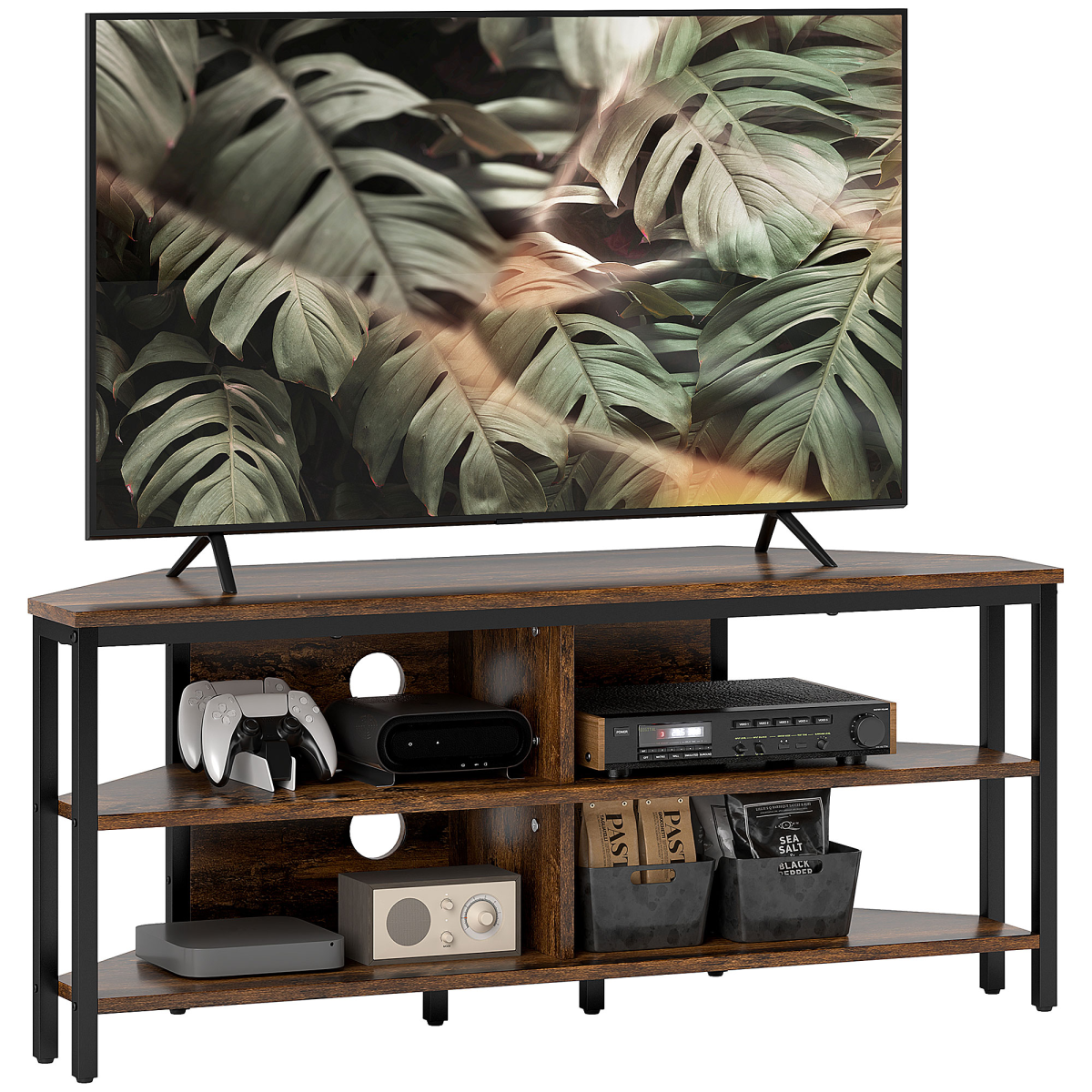 HOMCOM 50in Corner TV Stand in Rustic Brown with metal frame and open shelves for TV, console and decor.