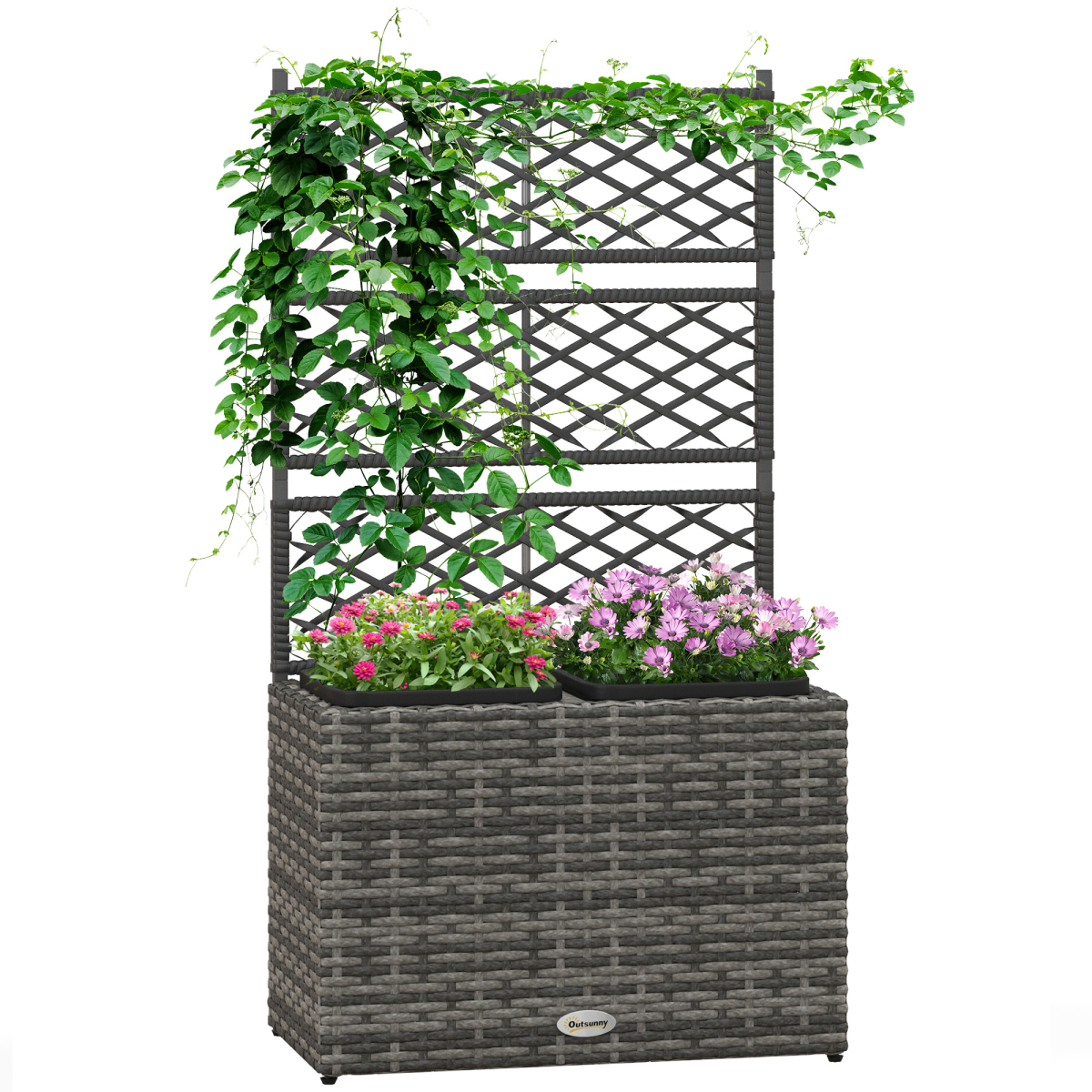 Outsunny planter box with trellis for patios; dark woven frame, climbing vines and blooming flowers.