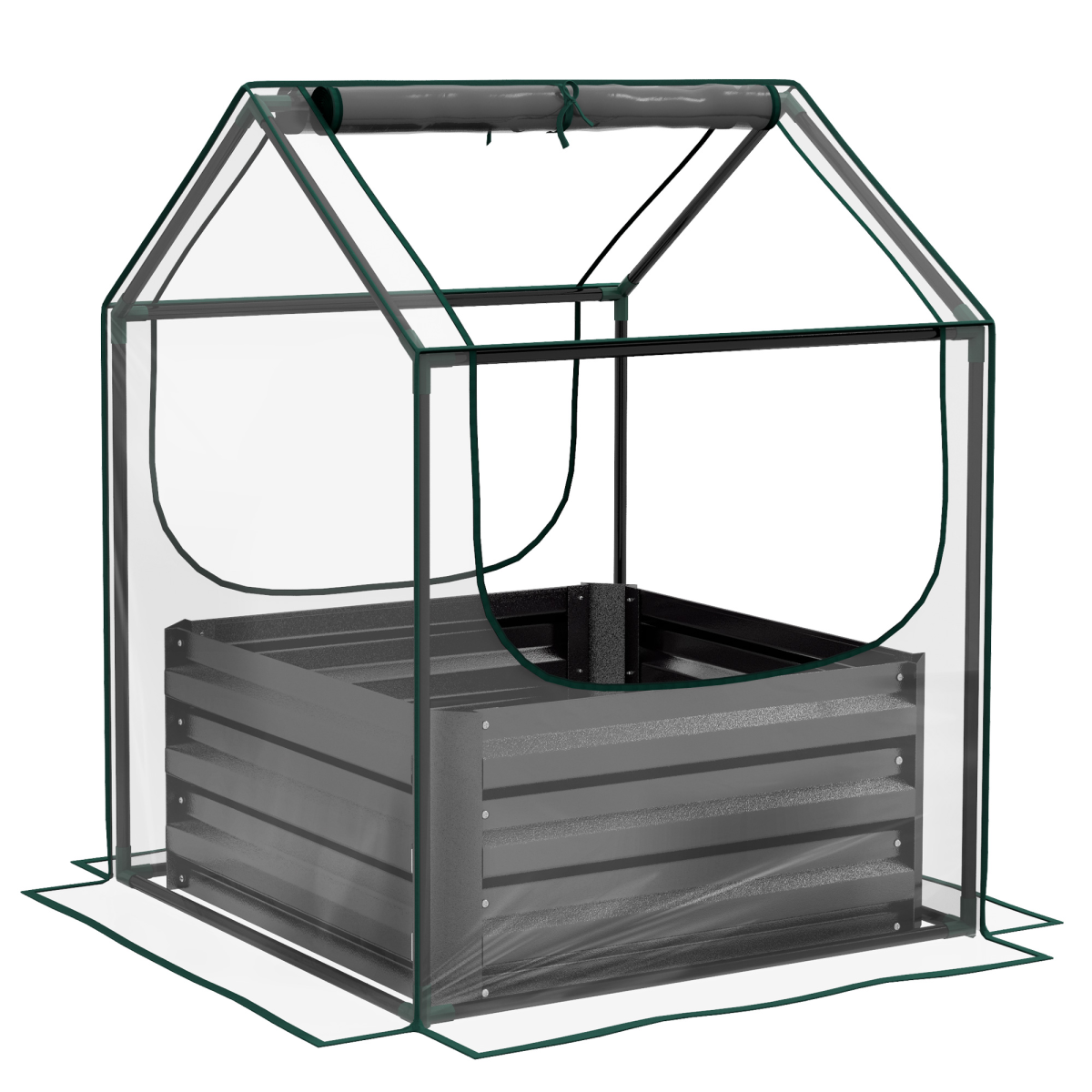 Outsunny raised garden bed planter with galvanized base and clear greenhouse cover, two-part growing system.