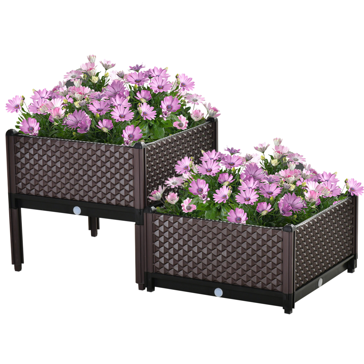 Duo Design two-tier self-watering planter for flowers in brown with pink blooms.