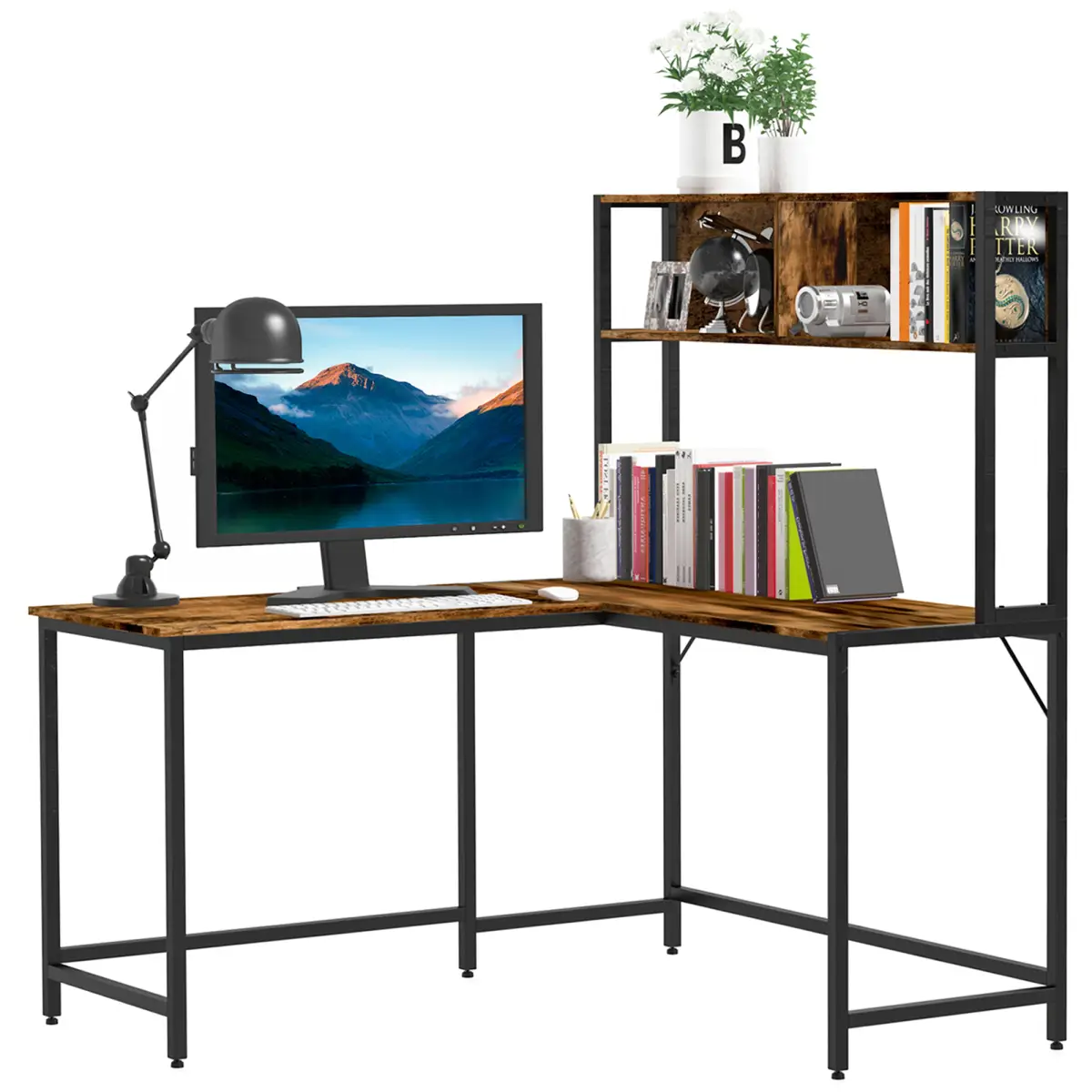 HOMCOM 149x140x125cm Industrial L-Shaped Desk w Shelf - Brown & Black - Desk