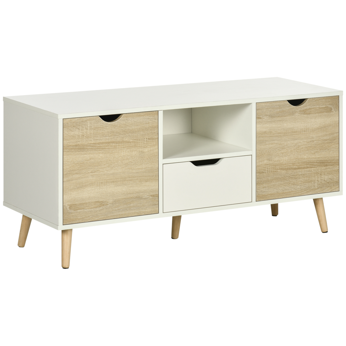 Modern TV unit with white frame, wood-grain cupboard doors, open shelf and central drawer, for TVs up to 50 inches.