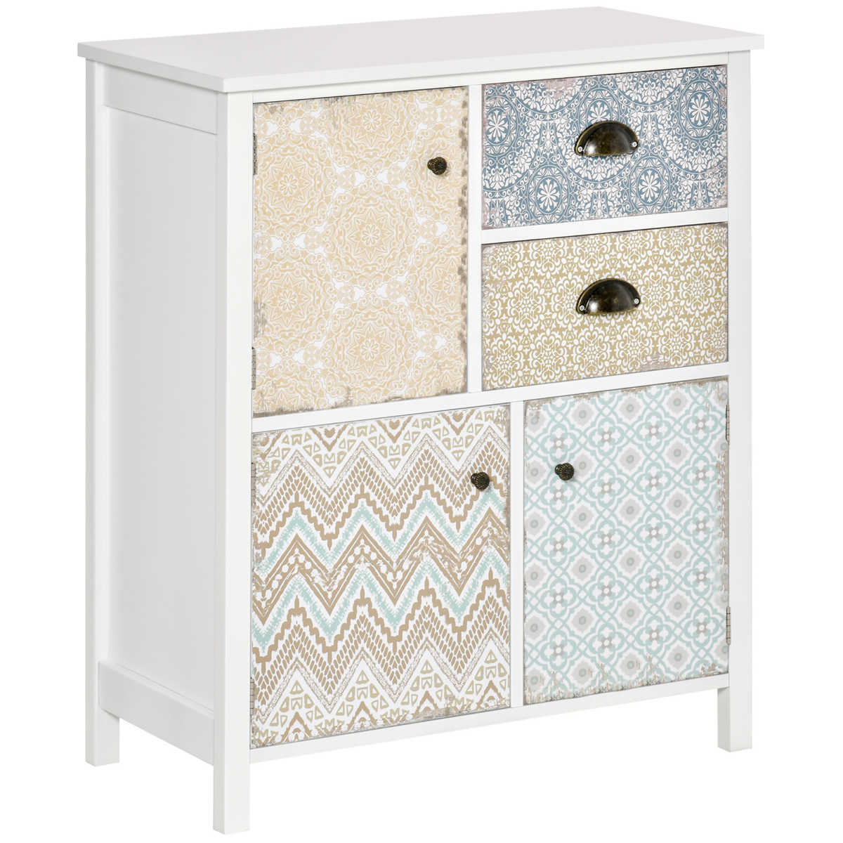Boho Chic Storage Chest Compact Two Drawers And Three Cabinets Colorful Pattern Panels For Any Room - HOMCOM - Home Symphony
