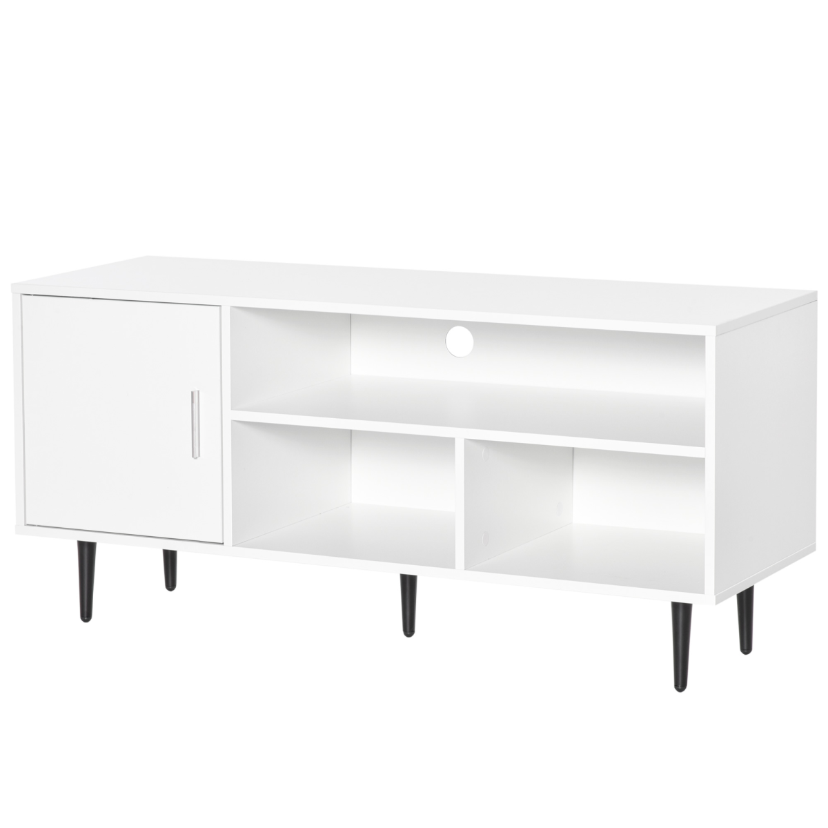 White HOMCOM 120cm TV stand with left cabinet, three open cubbies and cable hole, modern living room storage.