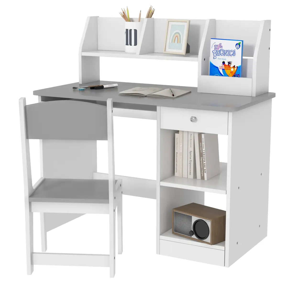 ZONEKIZ ZONEKIZ Kids Desk and Chair Set with Storage for 5-8 Years, Grey - Desk
