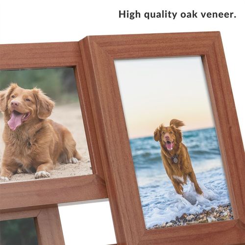 The Maison & White Multi Picture Aperture 6 x 4 Photo Frame Wood features a stylish interlocking design with an oak veneer finish, perfectly presenting two photos: one of a fluffy brown dog on the sand and another of its joyful play in the ocean waves.