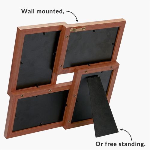 The Maison & White Multi Picture Aperture 6 x 4 Photo Frame Wood features an elegant oak veneer with four openings and a visible backside. Its interlocking design allows for wall mounting or surface display using a foldable stand. Arrows highlight the hanging hook and display options.