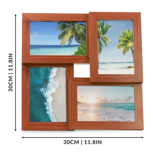 The Maison & White Multi Picture Aperture 6 x 4 Photo Frame in wood features four interlocking beach design photos, showcasing palm trees by clear water, a sandy beach with waves, and a sunset. It has a wood veneer finish and measures 30cm by 30cm (11.8 inches by 11.8 inches).