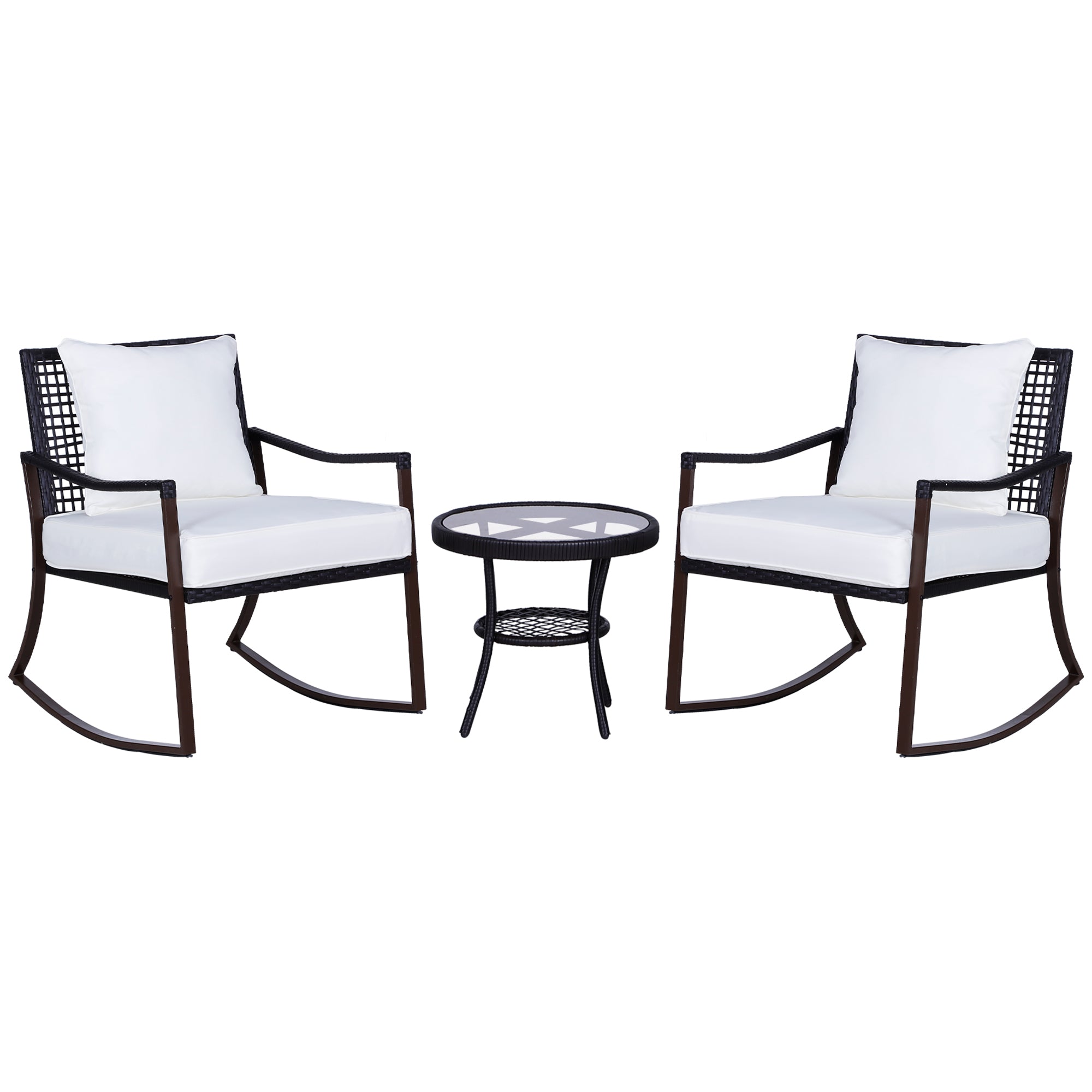 3 PCS Rocking Chair Bistro Set-Brown/Cream White - Bistro Sets from Outsunny