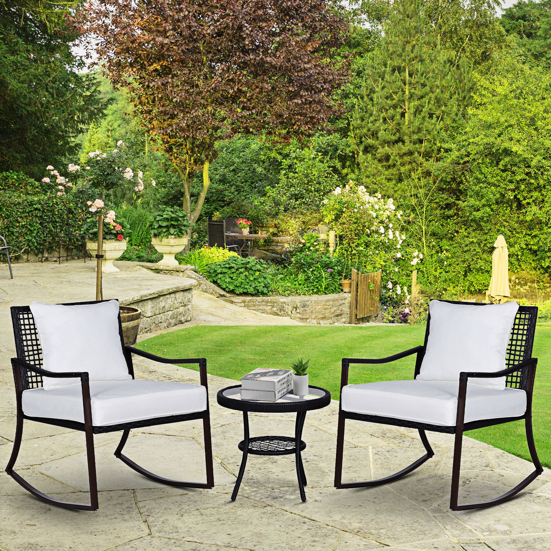3 PCS Rocking Chair Bistro Set-Brown/Cream White - Bistro Sets from Outsunny