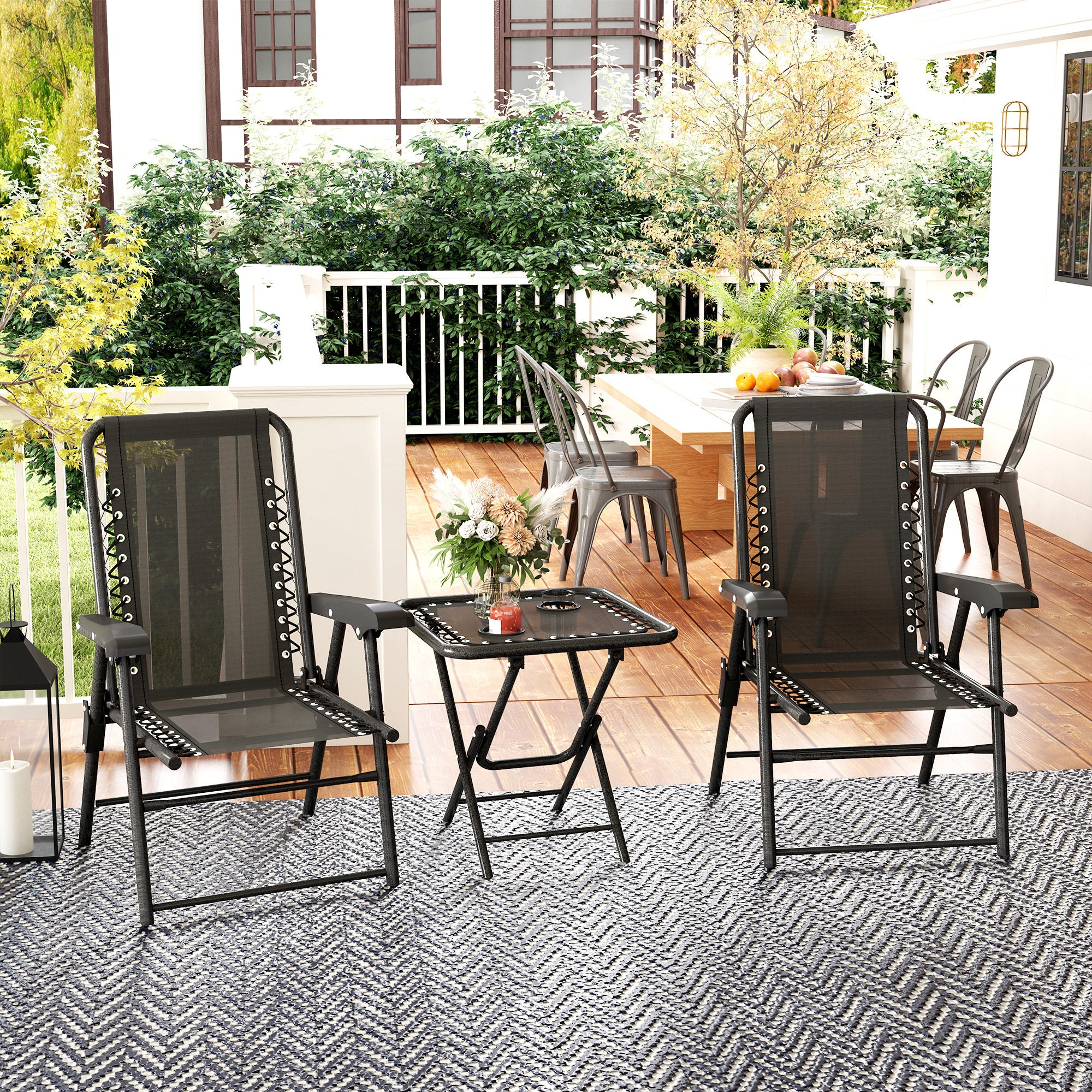 Outsunny 3 Pieces Folding Garden Bistro Set with Cup Holders, Black - Bistro Sets from Outsunny