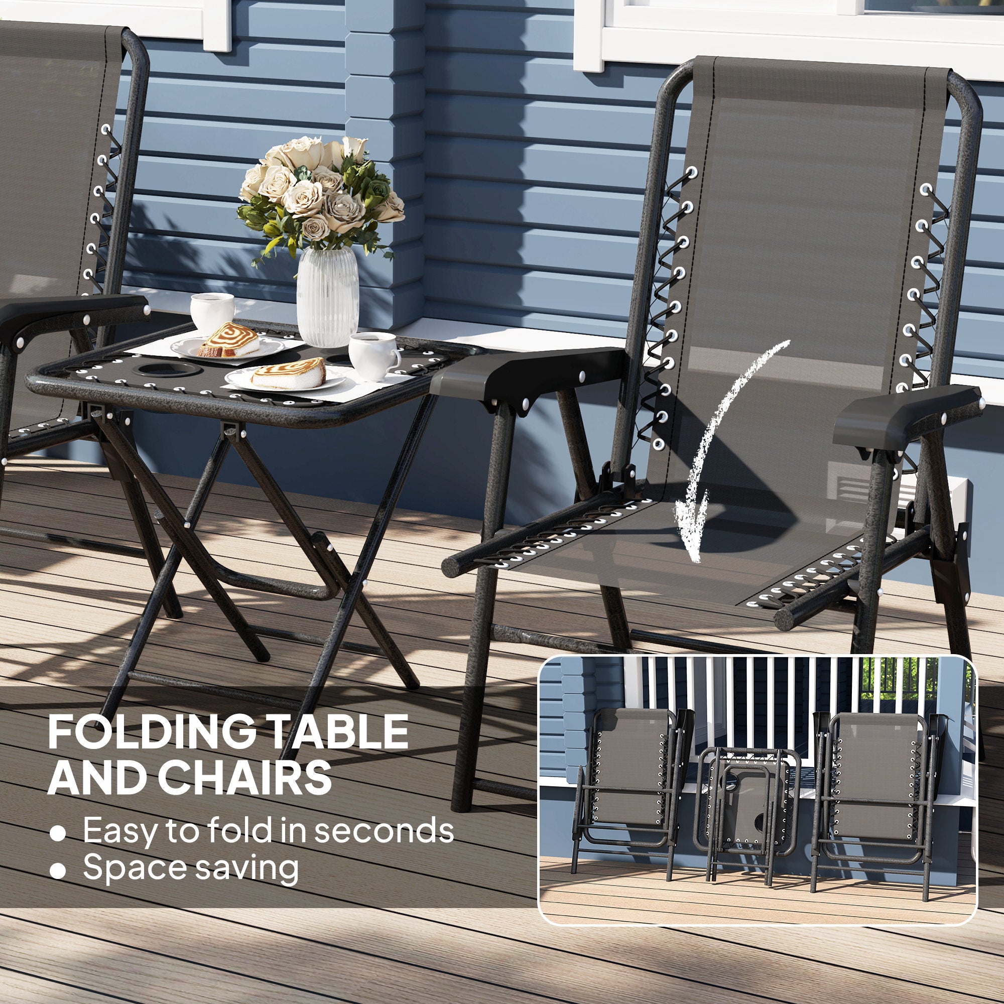 Outsunny 3 Pieces Folding Garden Bistro Set with Cup Holders, Black - Bistro Sets from Outsunny