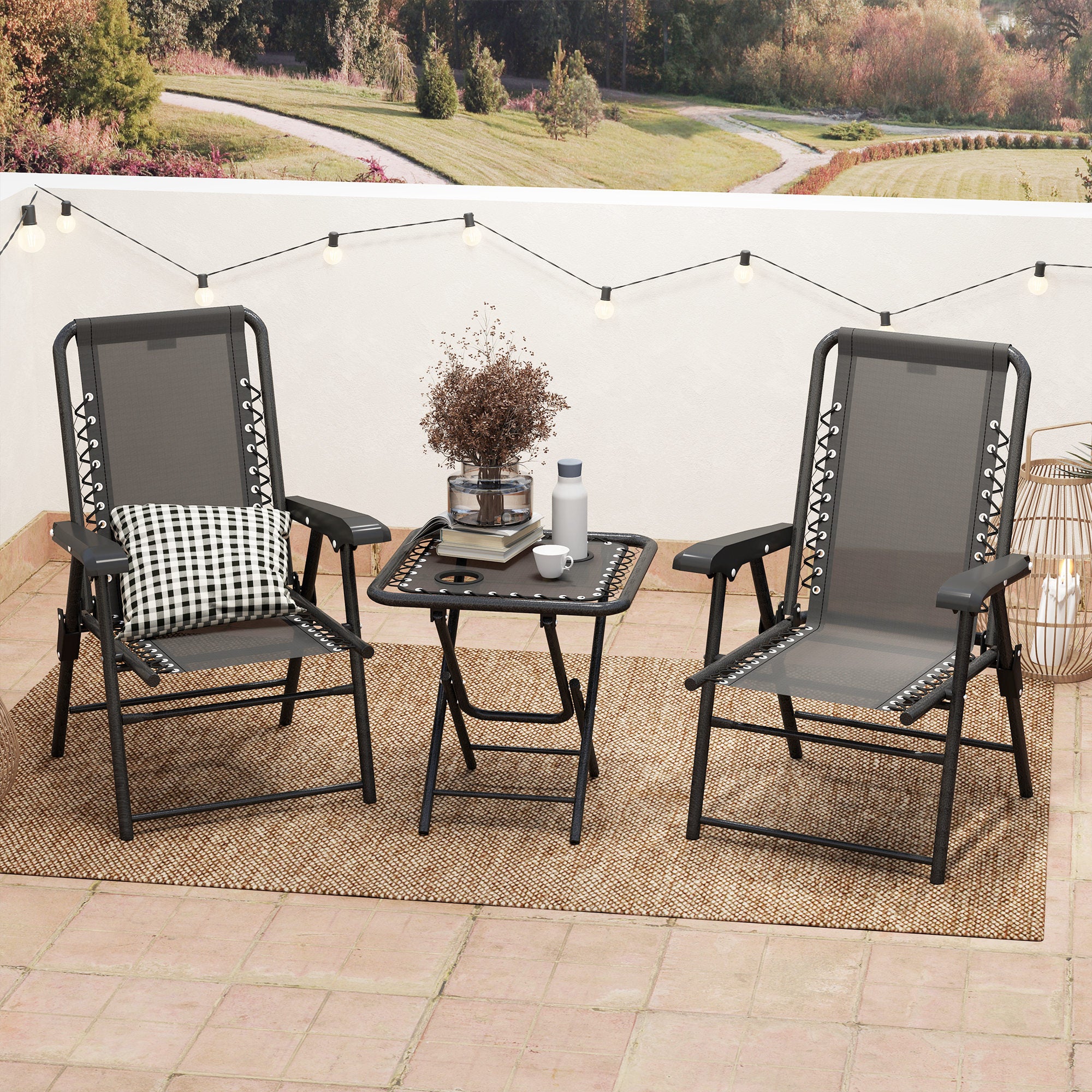 Outsunny 3 Pieces Folding Garden Bistro Set with Cup Holders, Black - Bistro Sets from Outsunny