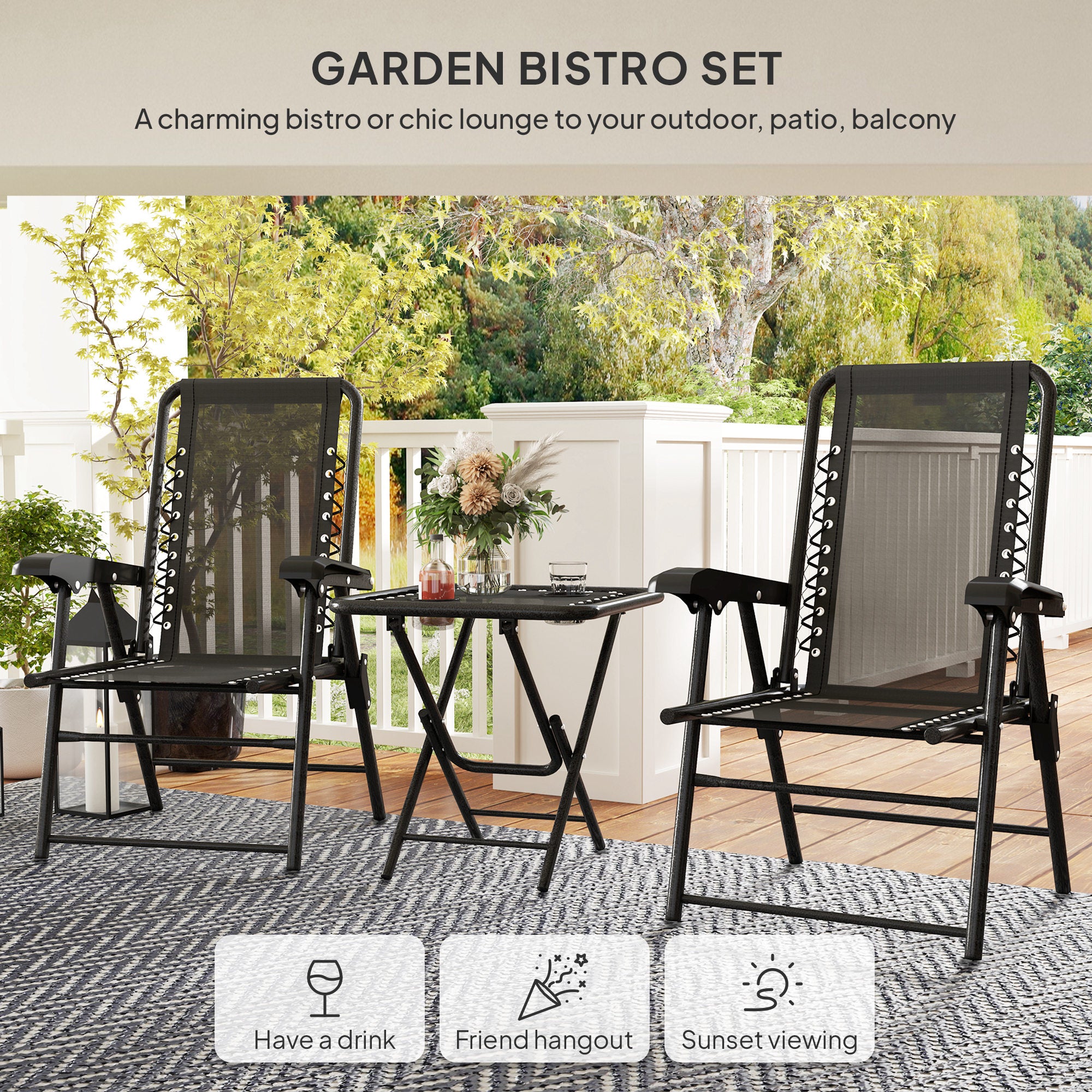 Outsunny 3 Pieces Folding Garden Bistro Set with Cup Holders, Black - Bistro Sets from Outsunny