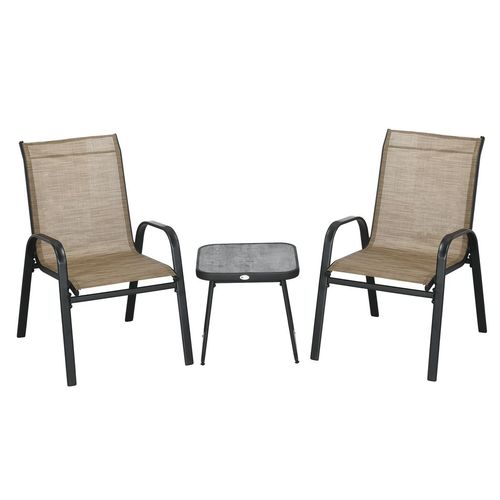 Outsunny 3PCs Bistro Set w/ Breathable Mesh Fabric & PSC Board Top Table, Brown - Bistro Sets from Outsunny