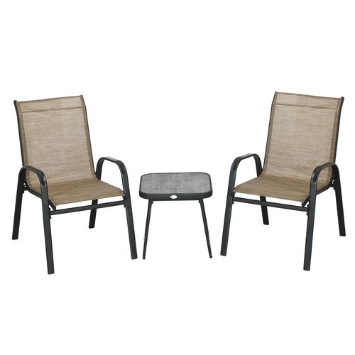 Outsunny 3PCs Bistro Set w/ Breathable Mesh Fabric & PSC Board Top Table, Brown - Bistro Sets from Outsunny