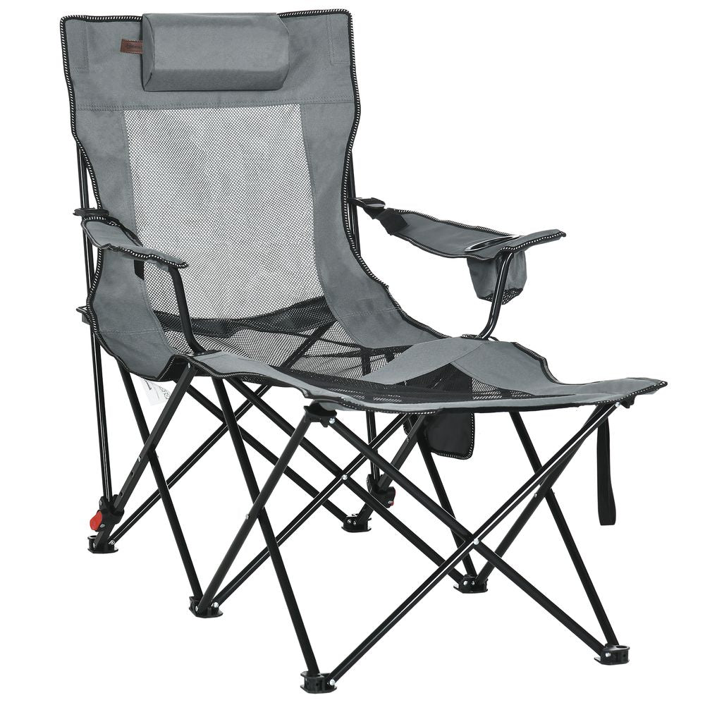 Outsunny Foldable Camping Chair w/ Footrest, Adjustable Backrest, Bag, Grey - Garden Chairs from Outsunny