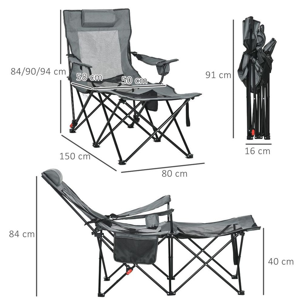 Outsunny Foldable Camping Chair w/ Footrest, Adjustable Backrest, Bag, Grey - Garden Chairs from Outsunny