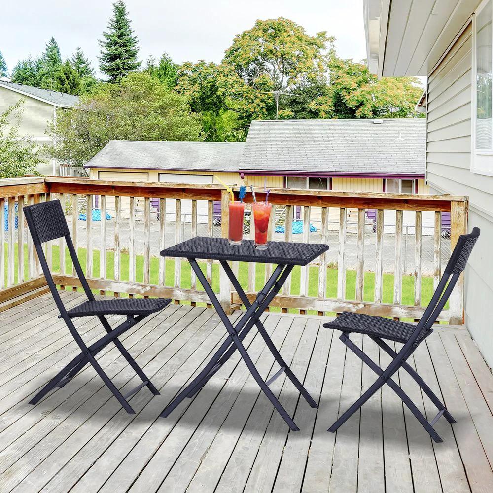 Rattan Garden Bistro Set Coffee 2 Wicker Weave Folding Chairs & 1 Square Table by Outsunny