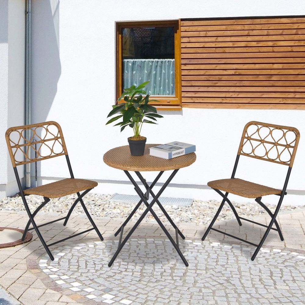 3 PCS Rattan Wicker Set Easy Folding, Hand Woven Rattan Coffee Table & Chairs - Garden Set from Outsunny