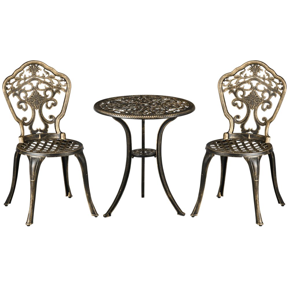 3 Piece Cast Aluminium Garden Bistro Set with Parasol Hole for Balcony, Patio - Garden Set from Outsunny