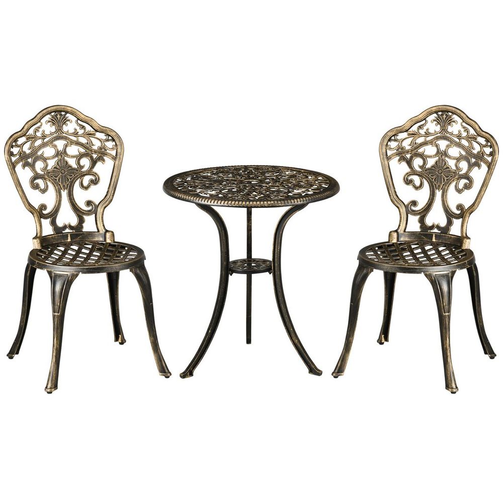 3 Piece Cast Aluminium Garden Bistro Set with Parasol Hole for Balcony, Patio - Garden Set from Outsunny
