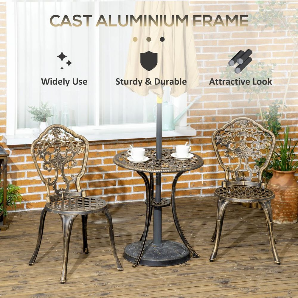3 Piece Cast Aluminium Garden Bistro Set with Parasol Hole for Balcony, Patio - Garden Set from Outsunny