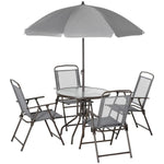 6Pc Patio Dining Set with Umbrella, 4 Folding Chairs Glass Table by Outsunny