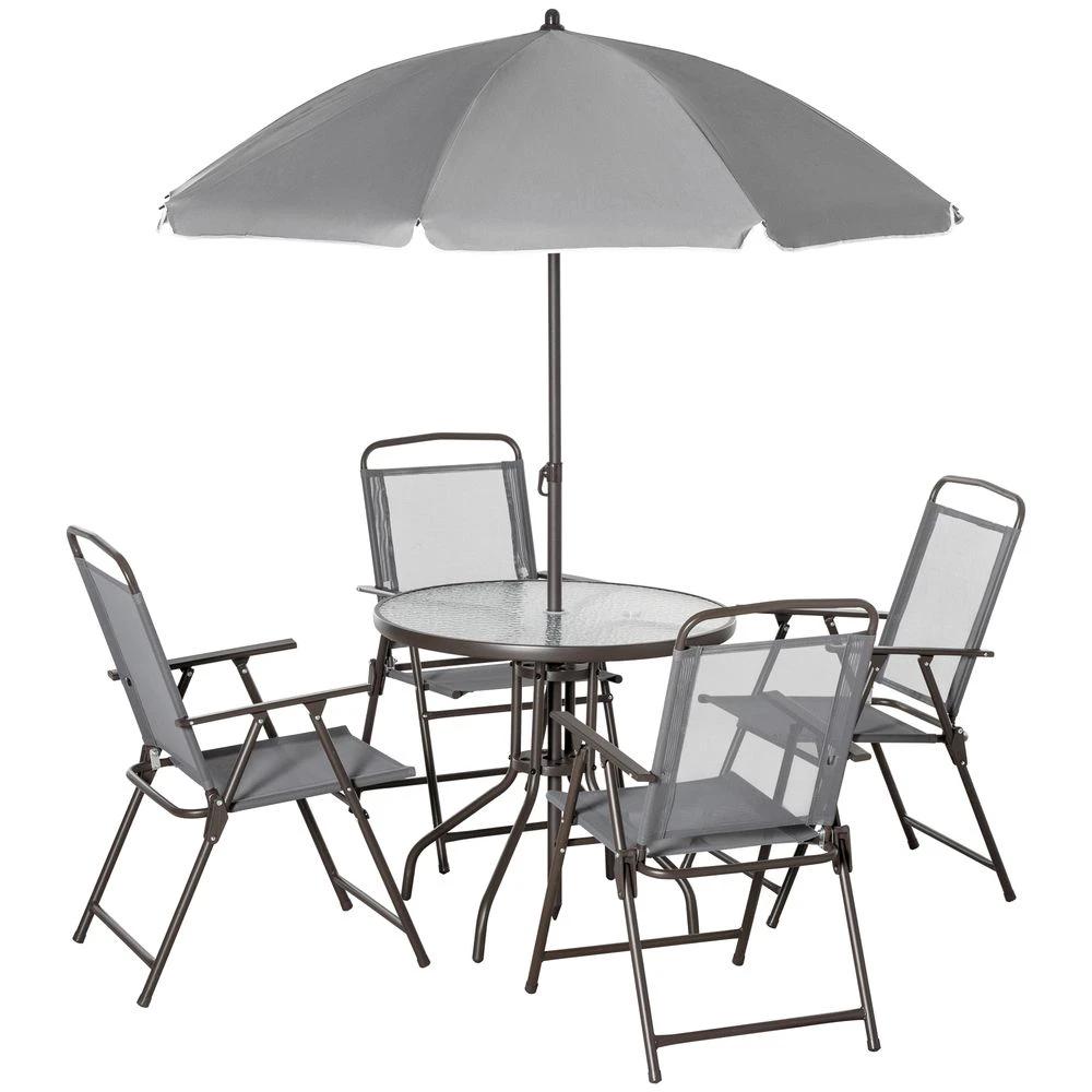 6Pc Patio Dining Set with Umbrella, 4 Folding Chairs Glass Table by Outsunny