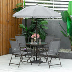 6Pc Patio Dining Set with Umbrella, 4 Folding Chairs Glass Table by Outsunny
