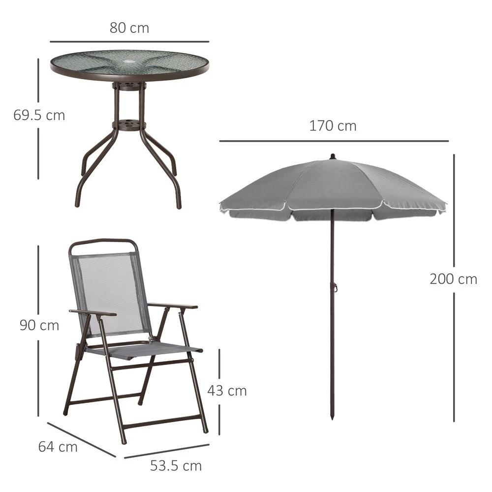 6Pc Patio Dining Set with Umbrella, 4 Folding Chairs Glass Table by Outsunny