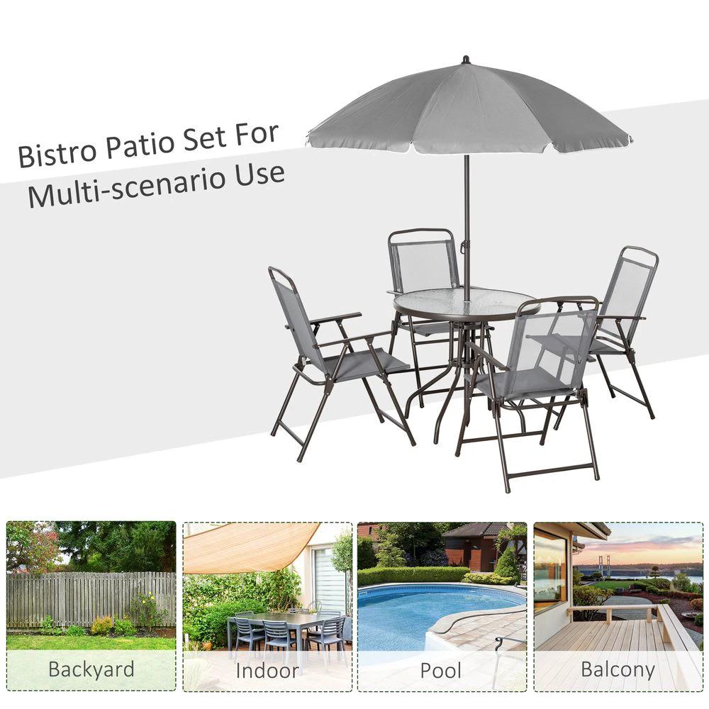 6Pc Patio Dining Set with Umbrella, 4 Folding Chairs Glass Table by Outsunny