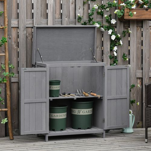 74x43x88cm Garden Shed Storage Wooden Chest Double Doors Shelf Hinged Roof - Garden Shed from Outsunny