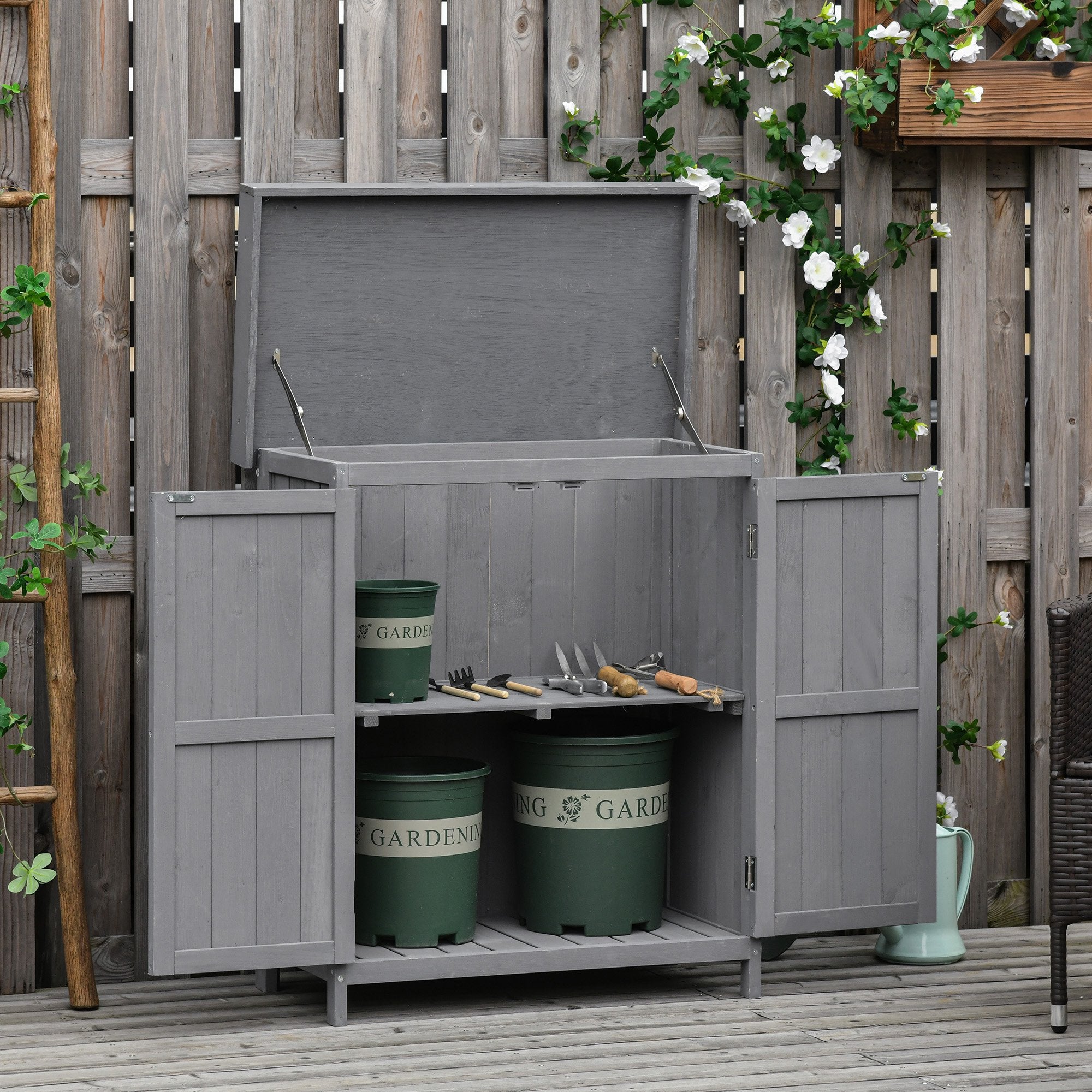 74x43x88cm Garden Shed Storage Wooden Chest Double Doors Shelf Hinged Roof - Garden Shed from Outsunny