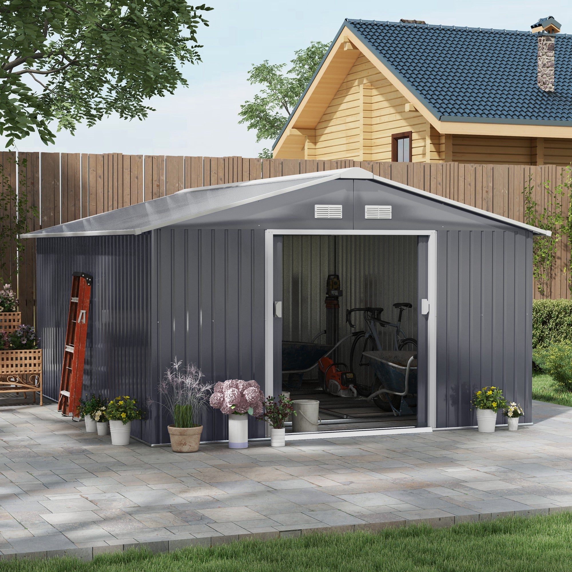 6.5 x 11FT Foundation Ventilation Steel Outdoor Garden Shed Grey - Garden Shed from Outsunny