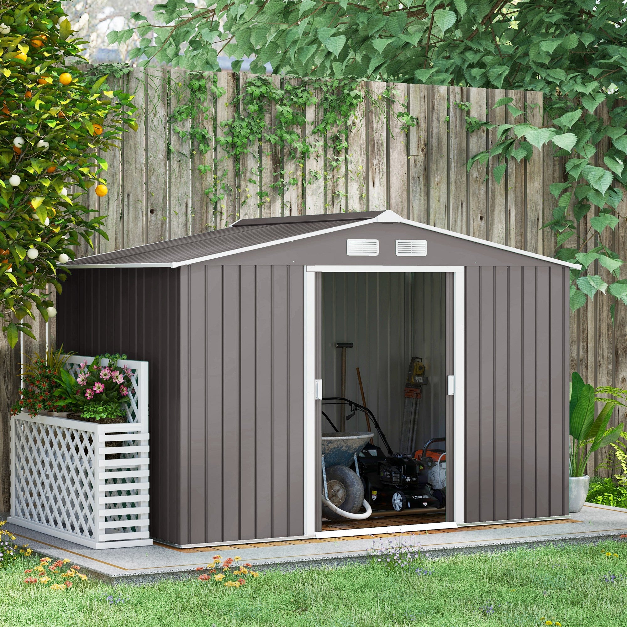 9 x 6FT Foundation Ventilation Steel Outdoor Garden Shed Grey - Garden Shed from Outsunny