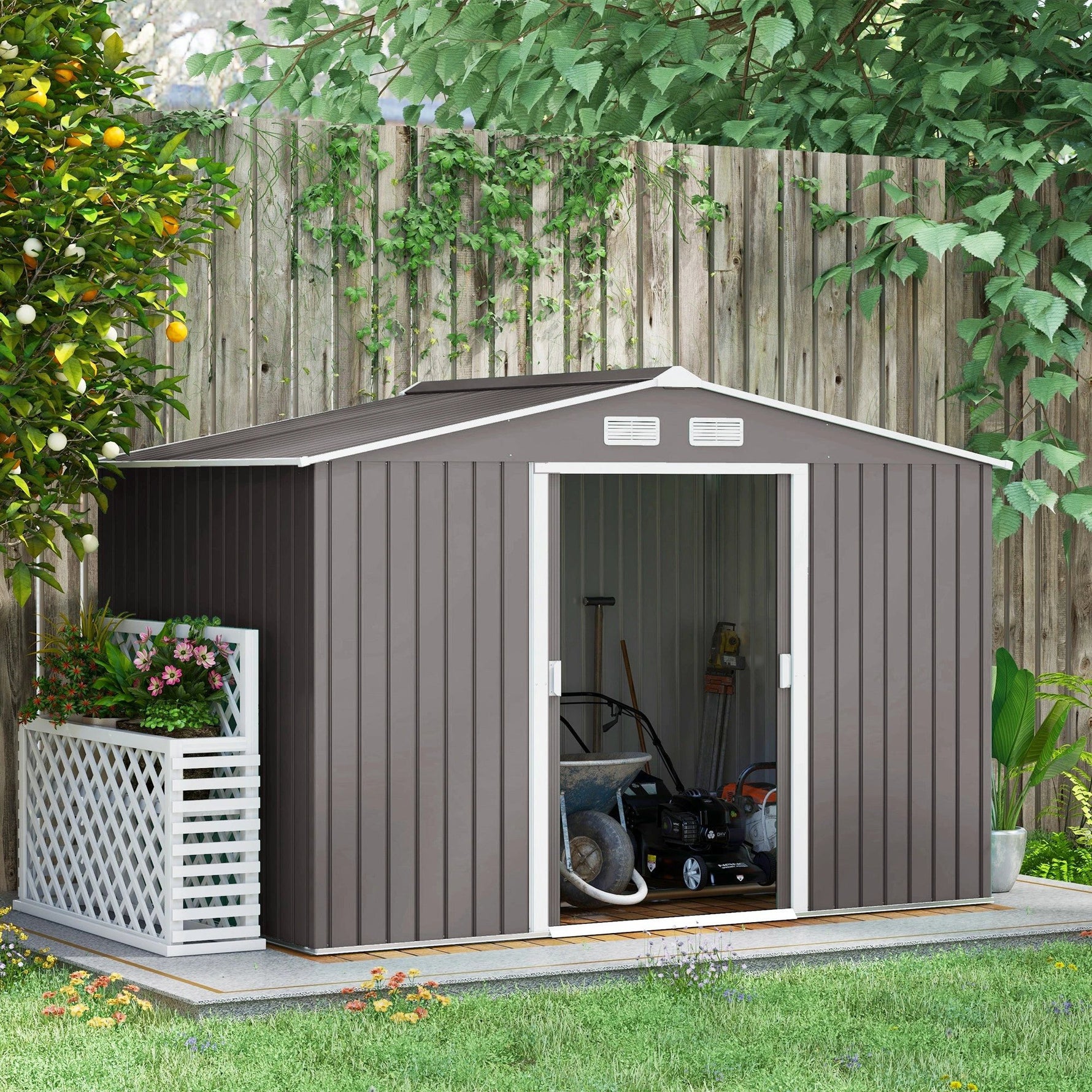 Outsunny 9 x 6FT Foundation Ventilation Steel Outdoor Garden Shed Grey - Garden Shed